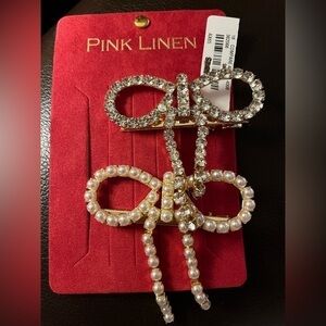 NEW Pink Linen Crystal Rhinestone & Pearl Bow Hair Clips Set